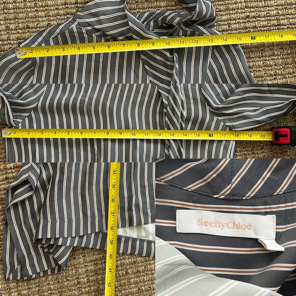 See by Chloé Striped Shirt Dress – Size 36 (US 4) – Neck Tie & Asymmetrical Hem - Picture 8 of 9